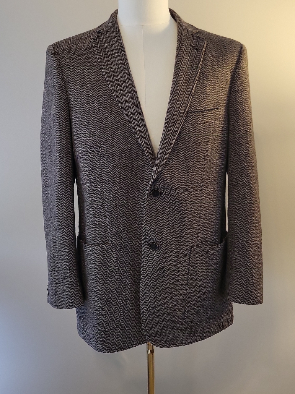Renoir Mens 40R 100% Wool Herringbone Unstructured Sport Coat Blazer Black Gray